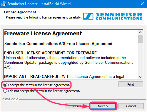 I accept the terms inn the license agreement.にチェックを入れてNextを選択