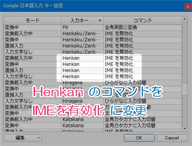 すべての「Henkan」の「コマンド」の項目を「IME を有効化」に変更します