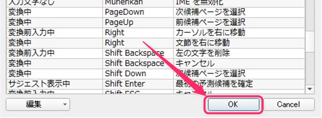 「Google 日本語入力 キー設定」画面右下の「OK」ボタンをクリックします