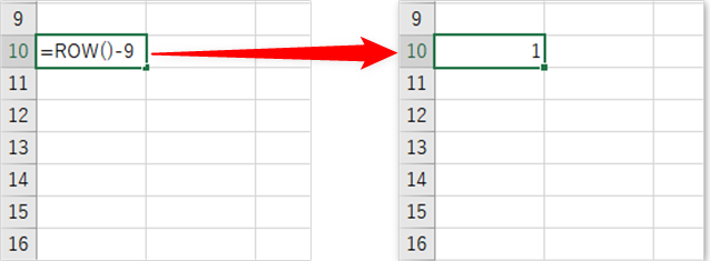 +ROW()-9と入力する