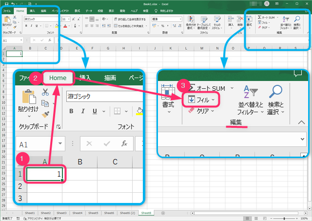セルを選択しリボンのHOMEタブを選択、編集のフィルを選択する