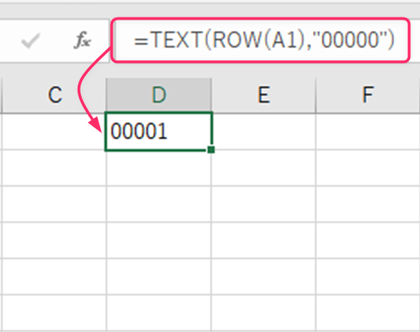 =TEXT((ROW(A1),"00000")と入力する