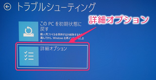 トラブルシューティングの画面から詳細オプションを選択する