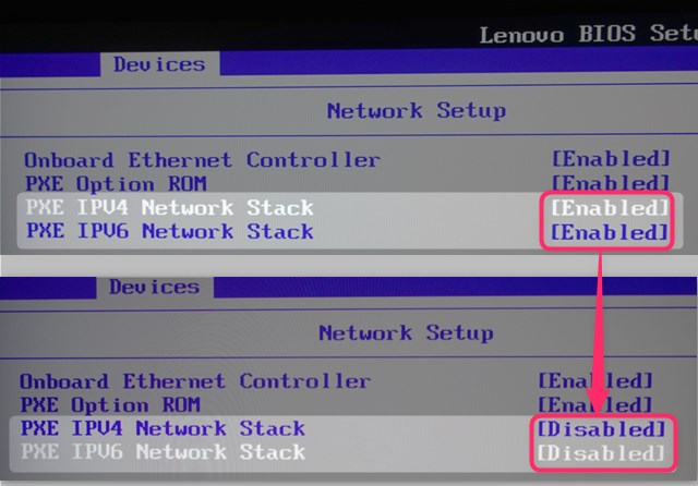 「PXE IPv4 Network Stack」を「Enabled」から「Disabled」 「PXE IPv6 Network Stack」を「Enabled」から「Disabled」